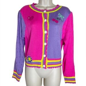 Women's Y2K Colorblock Crop Knit Cardigan Lightweight Small Pink Multi Patch